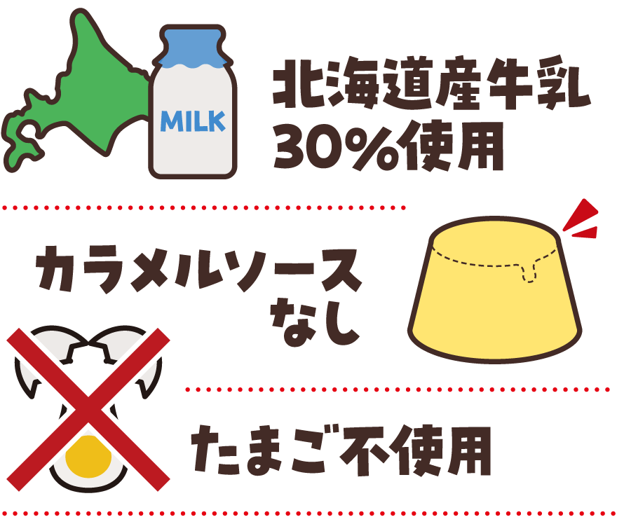 北海道産牛乳30%使用、カラメルソースなし、たまご不使用