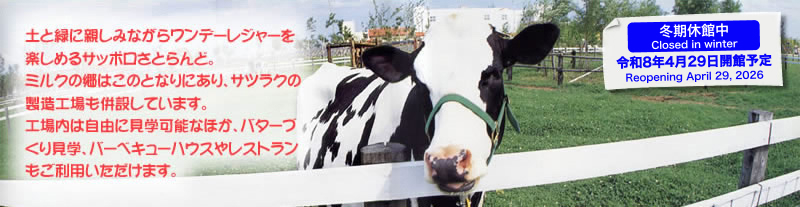 土と緑に親しみながらワンデーレジャーを楽しめるサッポロさとらんど。ミルクの郷はこのとなりにあり、サツラクの製造工場も併設しています。工場内は自由に見学が可能なほか、バターづくり見学、バーベキューハウスやレストランもご利用いただけます。